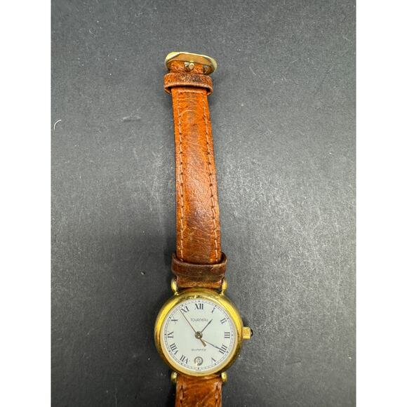 Vintage 90's Tourneau Dress Quartz Date Watch Gold Tone Brown Leather Band 24mm - Picture 4 of 11
